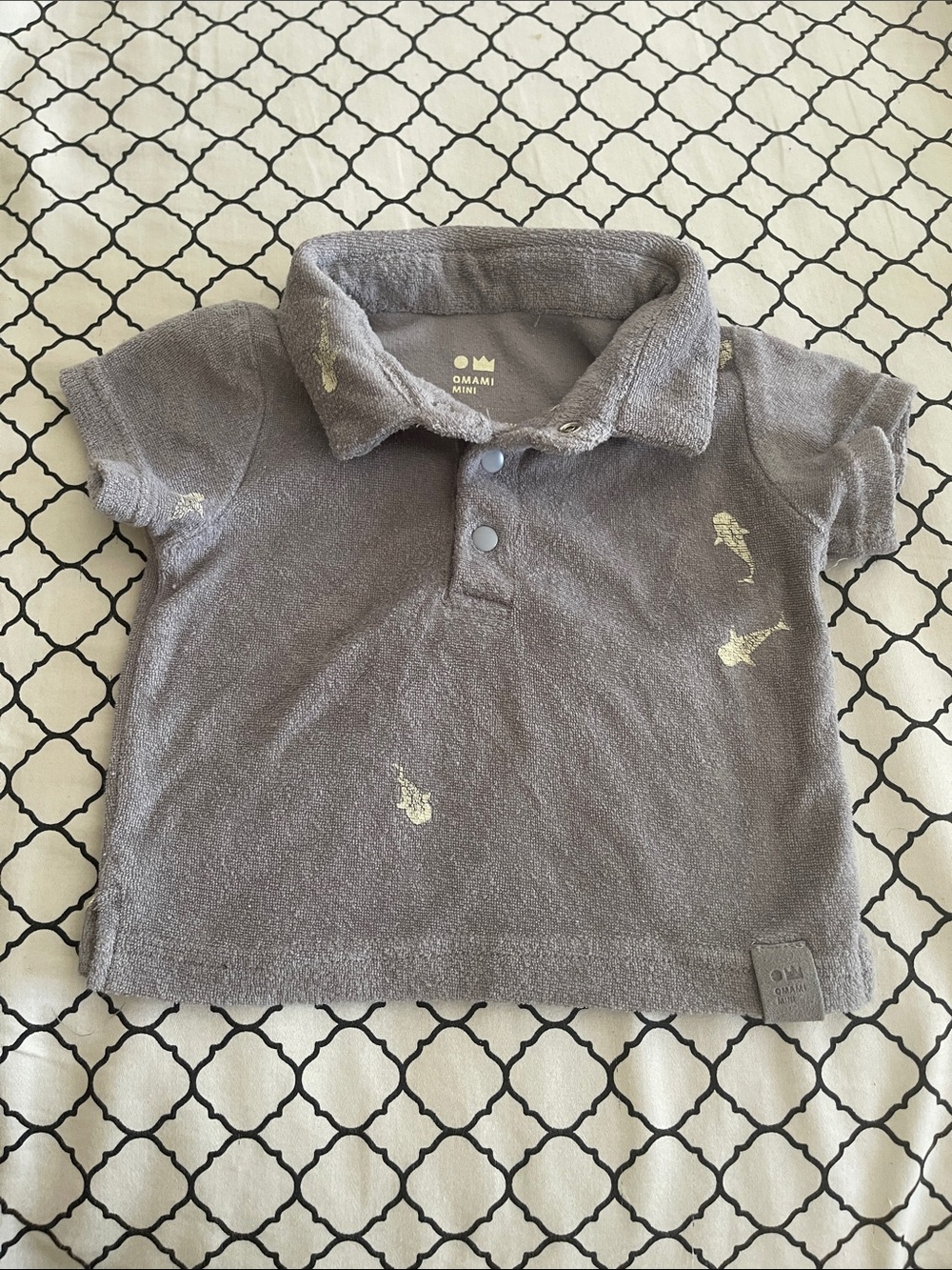 OMAMIMINI Gray Terry Polo with Gold Fish Motifs